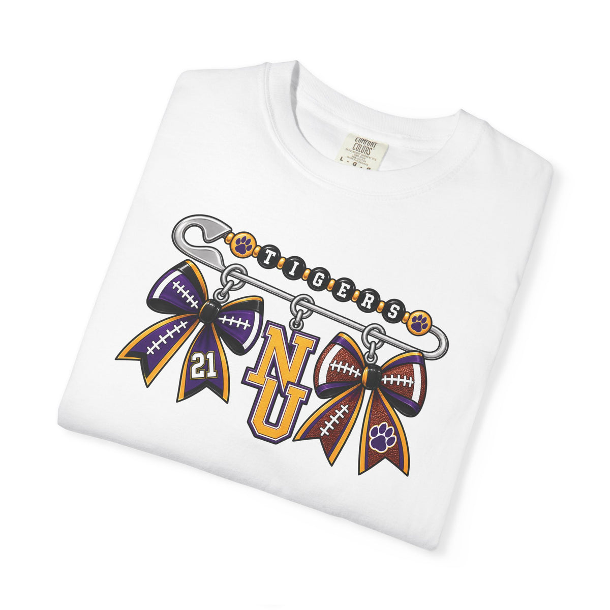 Safety Pin Charm TShirt Purple Gold Cheer Ribbon Design