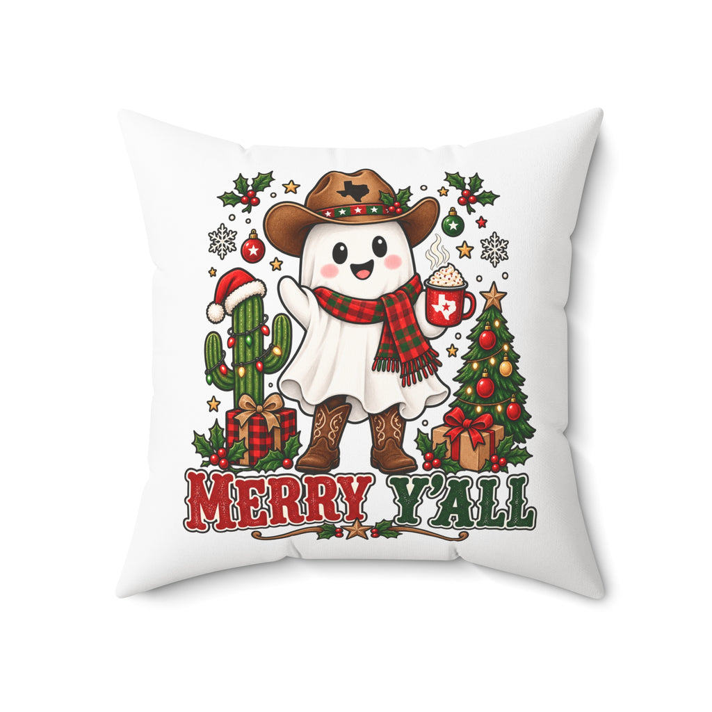 Halloween & Christmas Ghost Cowboy Pillow – “Boo Y'all” / “Merry Y'all” Decorative Throw Pillow