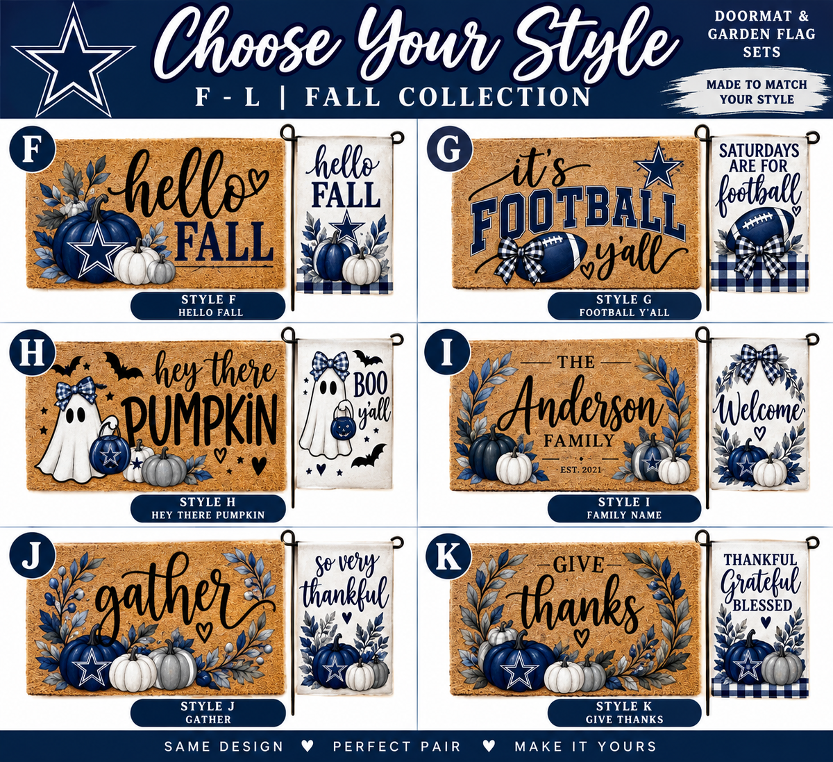 Personalized Fall Porch Set | Custom Doormat + Garden Flag | Autumn, Football, Halloween & Family Porch Decor