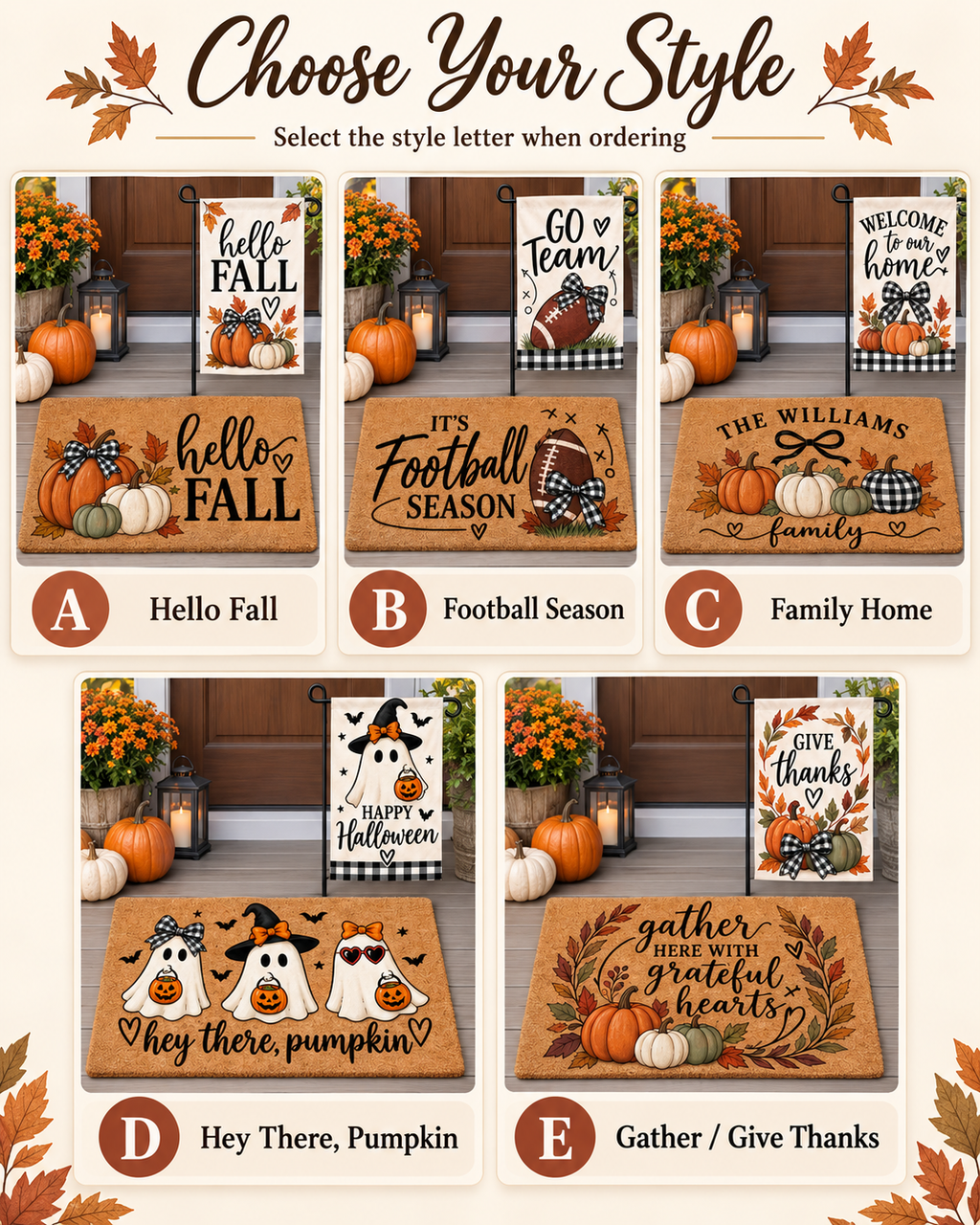 Personalized Fall Porch Set | Custom Doormat + Garden Flag | Autumn, Football, Halloween & Family Porch Decor